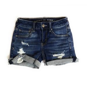 AMERICAN EAGLE Womens Teen Dark Wash Distressed Midi Shorts Size 00